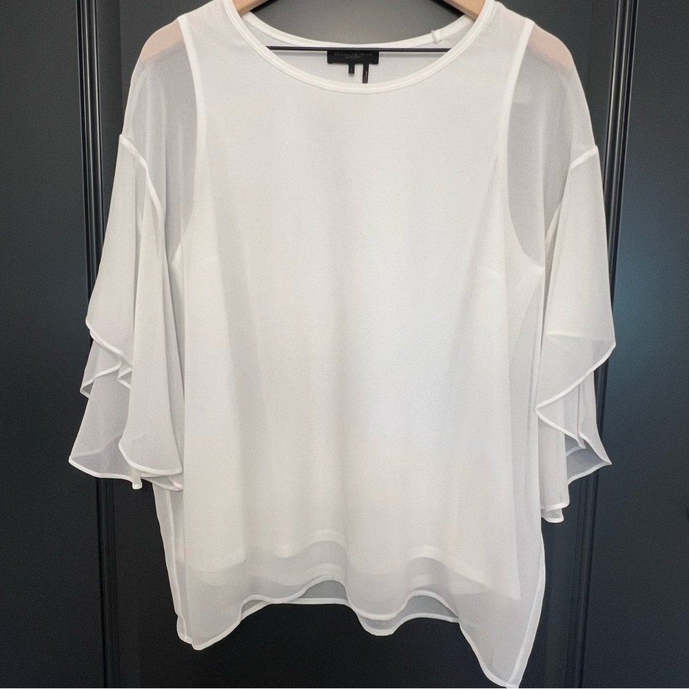 Donna Karan New York - Flowing Romantic Blouse White Flutter Sleeves Large